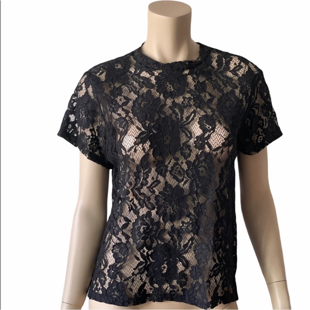Alexis | Lace Sheer Short Sleeves Crew Neck Top Size S